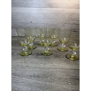 VTG Bryce Golden Yellow 5.75”Aquarius Stemware Glasses w/ Diamond Stems~Set Of 7